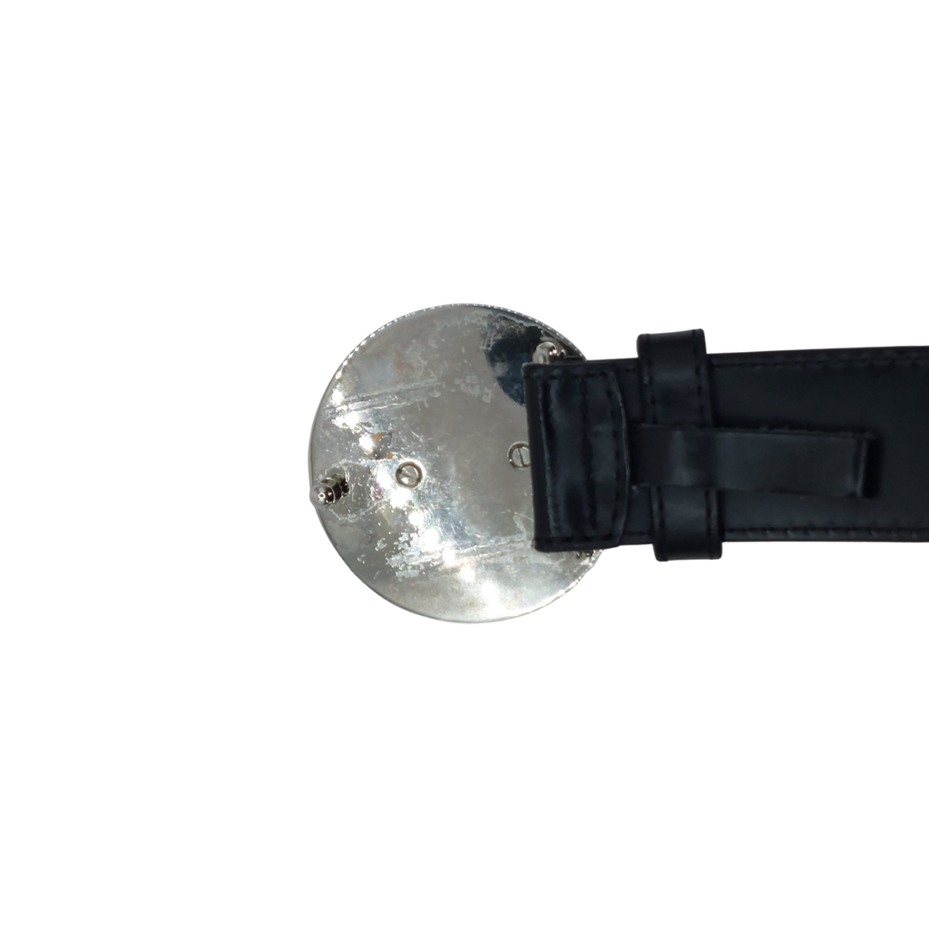 Black Versace belt with silver lion buckle