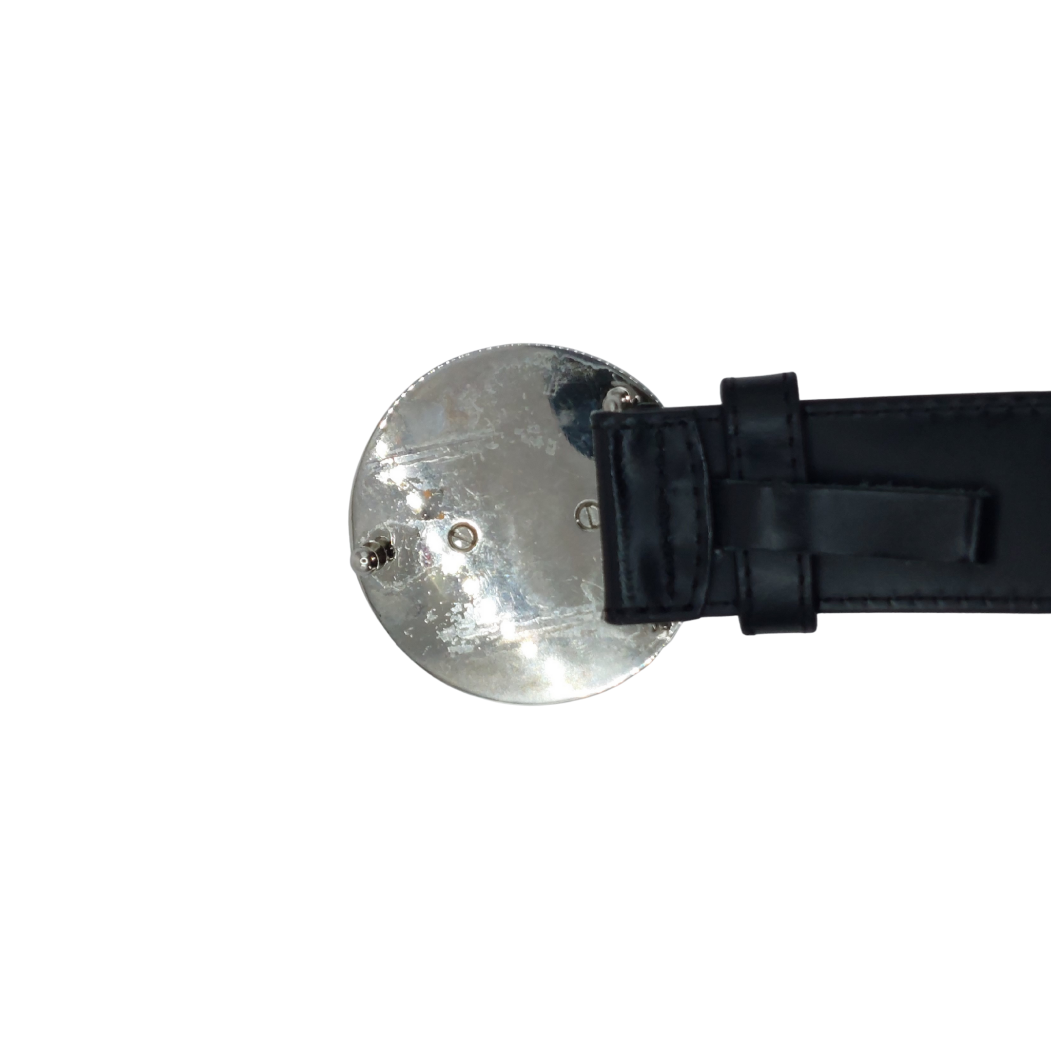 Black Versace belt with silver lion buckle