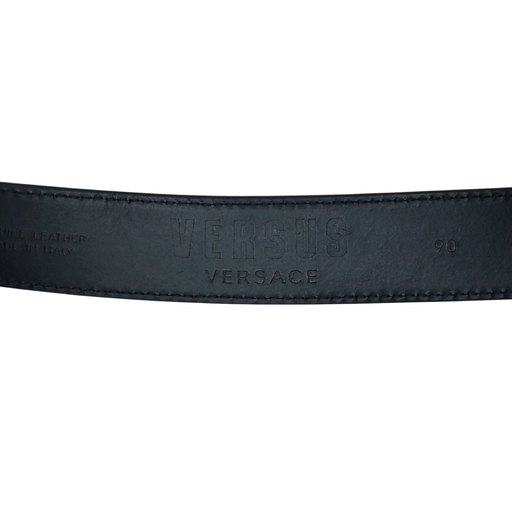 Black Versace belt with silver lion buckle