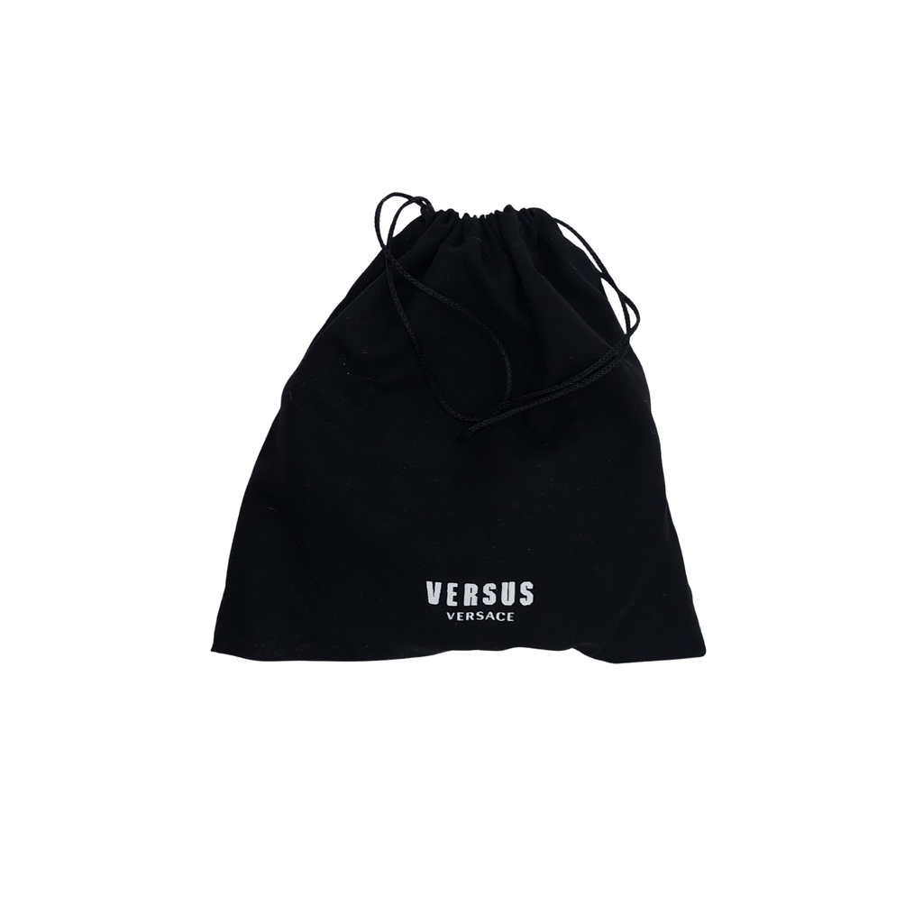 Black Versace belt with silver lion buckle