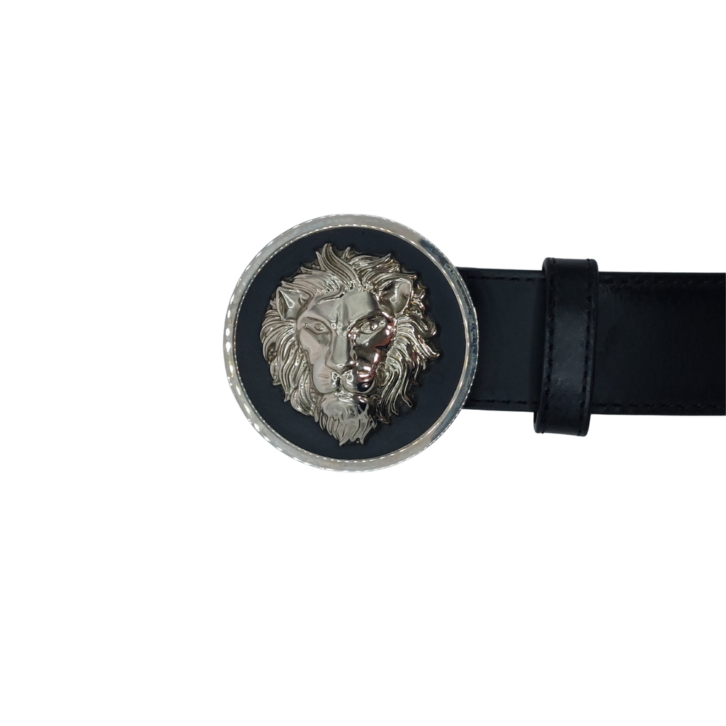 Black Versace belt with silver lion buckle