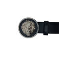 Black Versace belt with silver lion buckle